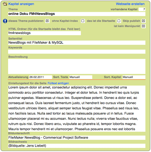 Themen und ihre Eingabefelder