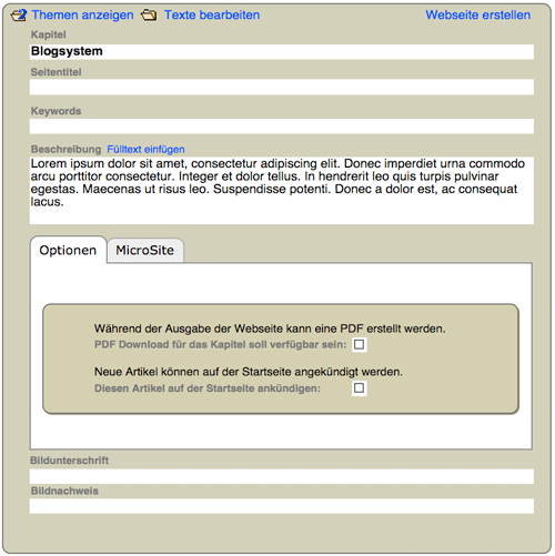 Eingabefelder der Kapitel Maske