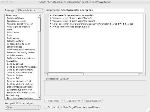 Argumentenliste für ein FileMaker Script
